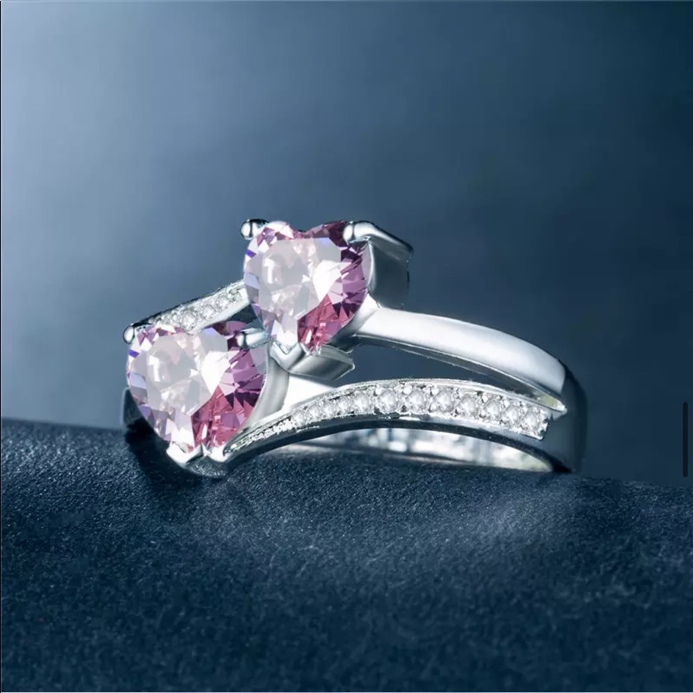 New 925 Silver Two Romantic Hearts Shape Sapphire Ring - Picture 5 of 5